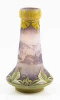DeVez Vase with Impressive Acid Etched Art Nouveau Cut Glass in an Unusual Color Green Over Purplish Mold Blown Glass