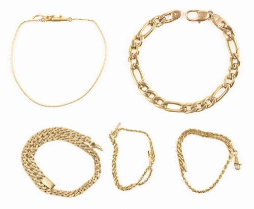 Five (5) Ladies Chain Bracelets in 14K Yellow Gold