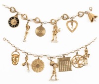 Two Petite Bracelets Boasting Interesting Charms of Diverse Sizes all in 14K Yellow Gold