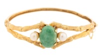 Ladies Bracelet with Jade and Two Pearls Set in a 14K Yellow Gold Bracelet in the Shape of Bamboo