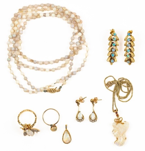 Diverse Collection of 14K Yellow Gold and Opal Jewelry. Earrings, Ring, Pendants and Bead Necklace