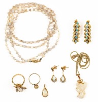 Diverse Collection of 14K Yellow Gold and Opal Jewelry. Earrings, Ring, Pendants and Bead Necklace