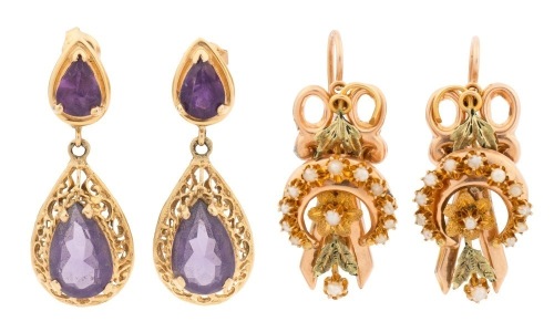 Ladies Pair of 14K Yellow Gold Earrings: One Pair of Amethyst Drop Earrings and a Fantastic Pair of Regency Styled Earri