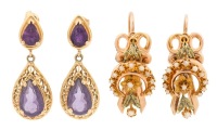 Ladies Pair of 14K Yellow Gold Earrings: One Pair of Amethyst Drop Earrings and a Fantastic Pair of Regency Styled Earri