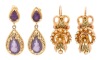 Ladies Pair of 14K Yellow Gold Earrings: One Pair of Amethyst Drop Earrings and a Fantastic Pair of Regency Styled Earri