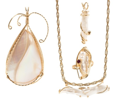 Ladies 14K Yellow Gold Baroque Pearl and Ruby Ring Plus 10K Yellow Gold Pendant Necklace, a 2nd Pendant and Large Mother