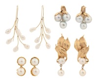 Four (4) Pairs of Ladies Pearl and 14K Yellow Gold Earrings, Exceptional Design and Quality