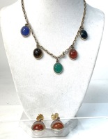Petite Necklace in 14K Yellow Gold with 5 Semi-Precious Stones Carved as if Scarabs plus Banded Agate Earrings