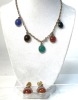 Petite Necklace in 14K Yellow Gold with 5 Semi-Precious Stones Carved as if Scarabs plus Banded Agate Earrings