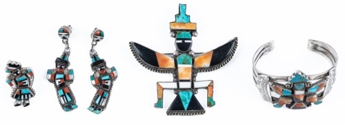 Five (5) Pieces of Zuni Jewelry in Sterling Silver; Colorful and Imaginative with Dangling Earrings Matching Rind, Cuff