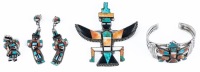 Five (5) Pieces of Zuni Jewelry in Sterling Silver; Colorful and Imaginative with Dangling Earrings Matching Rind, Cuff