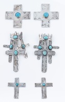 Vintage Southwest Cross Jewelry Stamped with Traditional Motifs in Sterling Silver and Nevada Turquoise
