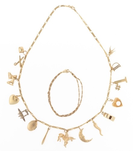 Wonderful, Charming and Playful 14K Yellow Gold Charm Necklace from Italy. 15 Charms, Wildly Diverse