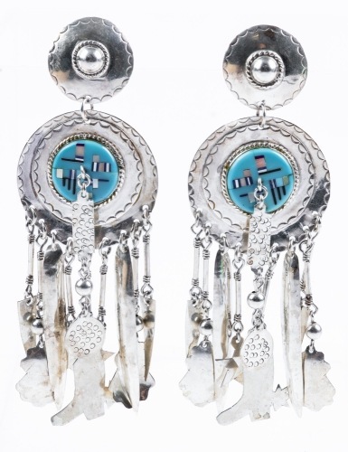 Outstanding Sterling Silver and Zuni Inlaid Turquoise Dangle Earrings. Superior Craftsmanship, Show-Stopping Design