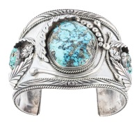 Very Large, Dramatic Sterling Silver Cuff Three Spectacular Pieces of Turquoise all with Silver Deposits. Most Definitel