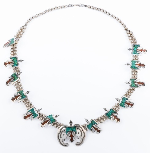 Exceptional Sterling Silver & Turquoise Peyote Bird/Eagle Style Squash Blossom Necklace.