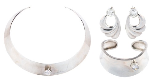 Sterling Silver Ensemble Including Choker, Cuff and Drop Earrings Each Having a Large Round Brilliant Cut Crystal