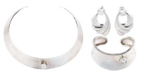 Sterling Silver Ensemble Including Choker, Cuff and Drop Earrings Each Having a Large Round Brilliant Cut Crystal