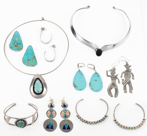 Five Pairs of Ladies Sterling Silver and Turquoise Dangling and Drop Earrings and Three Petite Cuffs, and Two Chokers