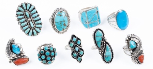 Nine (9) Sterling Silver and Turquoise Navajo Rings