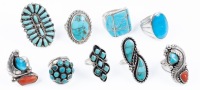 Nine (9) Sterling Silver and Turquoise Navajo Rings