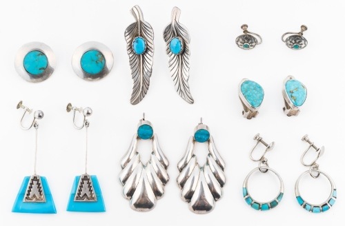 Great Collection of 7 Pairs of Sterling Silver and Turquoise Earrings for the Lady. Very Fine Quality