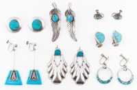 Great Collection of 7 Pairs of Sterling Silver and Turquoise Earrings for the Lady. Very Fine Quality
