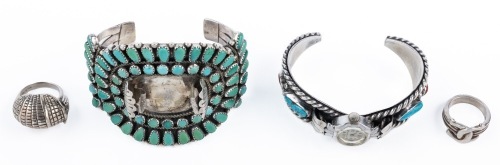 Two Navajo Style Cuffs Both Intended to be Watch Bracelets. Also Included Two Sterling Silver Rings
