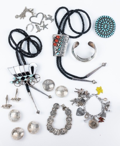 Two Sterling Silver Bracelets, One with Charms, Five US Walking Liberty 50 Cent Buttons, Bolos a Cuff and Other Southwes