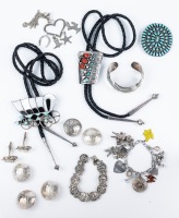 Two Sterling Silver Bracelets, One with Charms, Five US Walking Liberty 50 Cent Buttons, Bolos a Cuff and Other Southwes