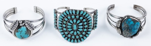 Three (3) Superb Sterling Silver and Turquoise Native American Cuffs for the Lady