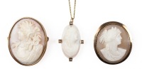 Two Vintage Shell Cameo Pins in 14K Yellow Gold Bezels in Impressive High Relief and a Cameo Pendant Necklace in 14K Gol