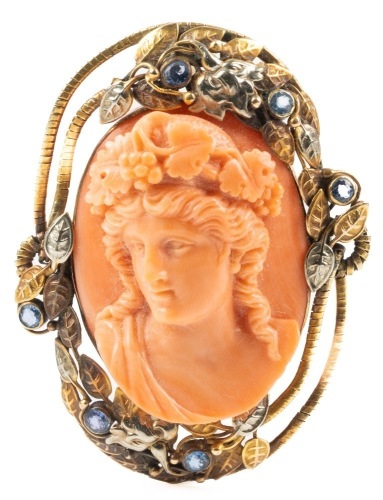 Superior, Antique Red Coral Cameo in High Relief of the Greek God Dionysus in 14K Yerllow and White Gold and Sapphires