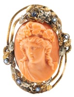 Superior, Antique Red Coral Cameo in High Relief of the Greek God Dionysus in 14K Yerllow and White Gold and Sapphires