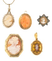 Five Vintage Cameos, Two in 14K Yellow Gold Bezels, one in 10K Yellow Gold and one in Tiny Enamel Tiles