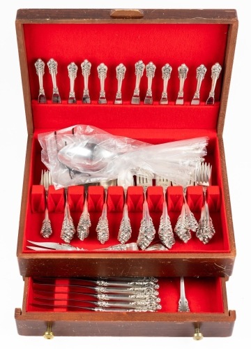 76 Piece Setting of Wallace Grand Baroque Sterling Silver including Numerous Serving Pieces.