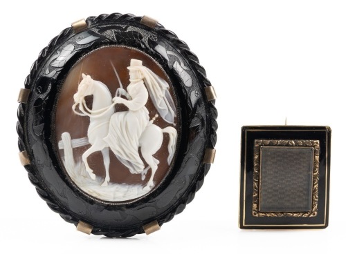 Rare and Stunning Shell Cameo Brooch ca. Late 1800s of a Woman on Horseback plus Early Victorian Mourning Brooch in 14K