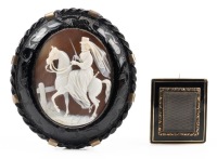 Rare and Stunning Shell Cameo Brooch ca. Late 1800s of a Woman on Horseback plus Early Victorian Mourning Brooch in 14K
