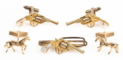 Two Sets of Men's Cufflinks: One Handsome Pair in 14K Yellow Gold of Horses. The Second Pair are Western Style Pistols i