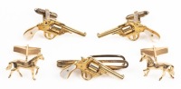 Two Sets of Men's Cufflinks: One Handsome Pair in 14K Yellow Gold of Horses. The Second Pair are Western Style Pistols i
