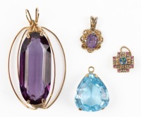 Four (4) 10K Yellow Gold Diverse Pendants: Large Amethyst, Blue Topaz, Small Amethyst and a Vintage Sigma Pi Pendant