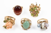 Five Vintage 14K Yellow Gold Cluster Rings, All Quite Striking Pearls, Coral, Jade, Agate and Peridot