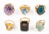 Collection of Six Fabulously Chunky Rings all in 14K Yellow Gold and Include a Carved Amethyst, also Jade, Topaz and Mal