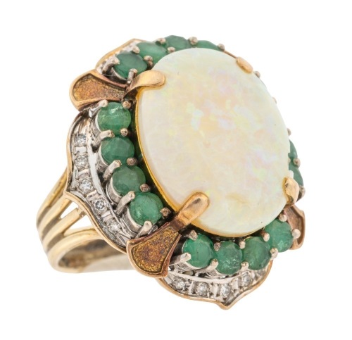 Ladies Custom Designed Large Opal Ring with Emeralds and Accent Diamonds set in 14K Yellow and White Gold
