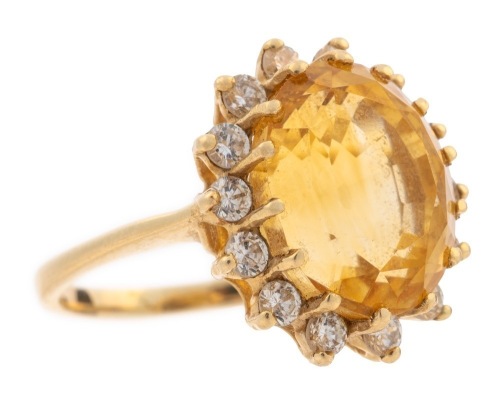 Dazzling Ladies Citrine and Diamond Evening Ring. Exceptional Color with a 14 Diamond Bezel.