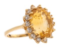 Dazzling Ladies Citrine and Diamond Evening Ring. Exceptional Color with a 14 Diamond Bezel.