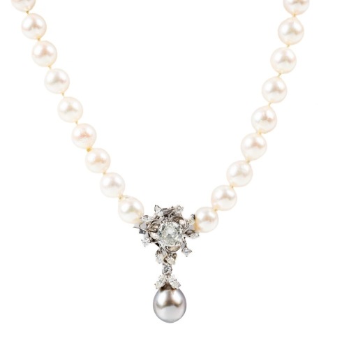 Magnificent White Pearl Necklace with a 14K White Gold Centerpiece Clasp and Pendant Boasting a 2.2 Carat Diamond and So