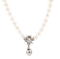 Magnificent White Pearl Necklace with a 14K White Gold Centerpiece Clasp and Pendant Boasting a 2.2 Carat Diamond and So