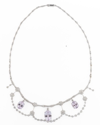 Ladies 18K White Gold, Diamond and Kunzite Necklace evoking the Edwardian and Victorian Eras