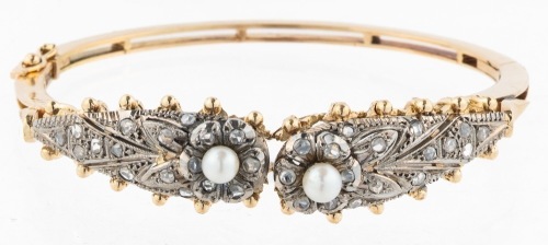 Stunning Ladies 18K Yellow and White Gold, Antique, Hinged Art Deco Bracelet with Rose Cut Diamonds